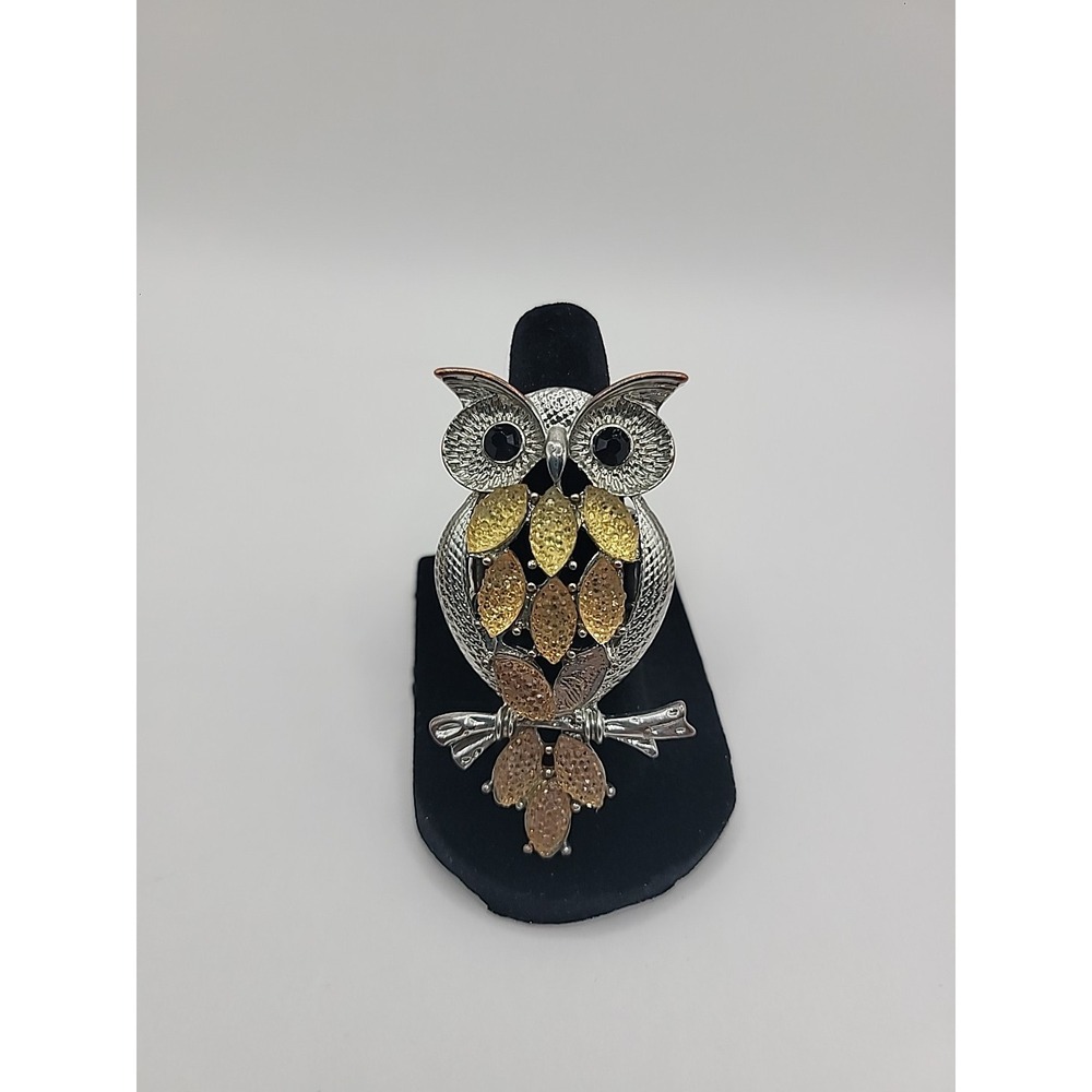 Vintage Silver Tone Owl Stretch Ring Gold Tone Accents Whimsical Animal Jewelry - Picture 9 of 10